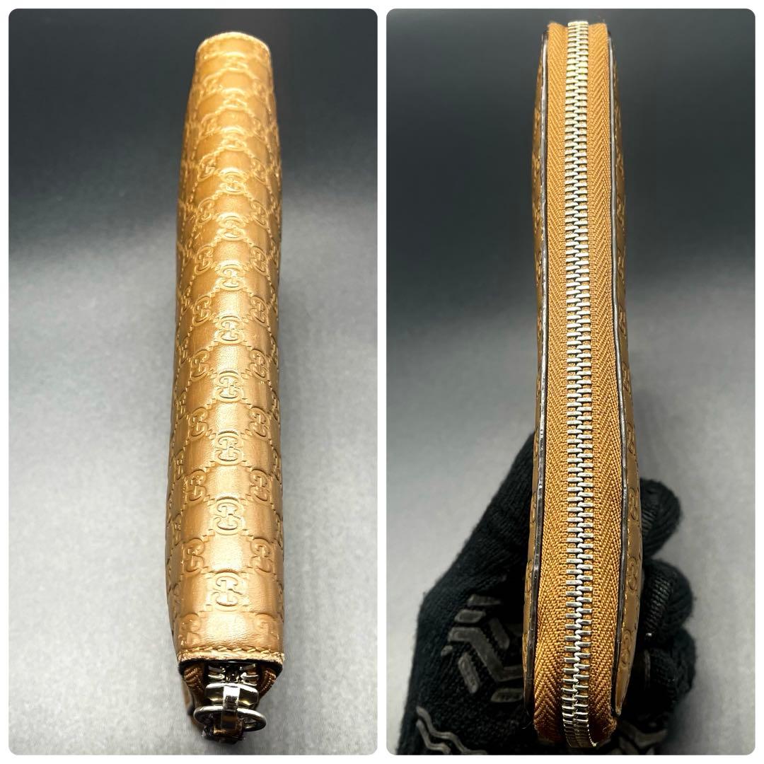 グッチ 長財布 オーガナイザー ラウンドファスナー マイクロシマ GG柄 茶