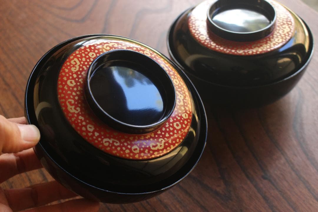 塗キズ有！優美な塗分けに極上木芙蓉蒔絵の映えるお椀2点（検輪島塗京塗雑煮椀