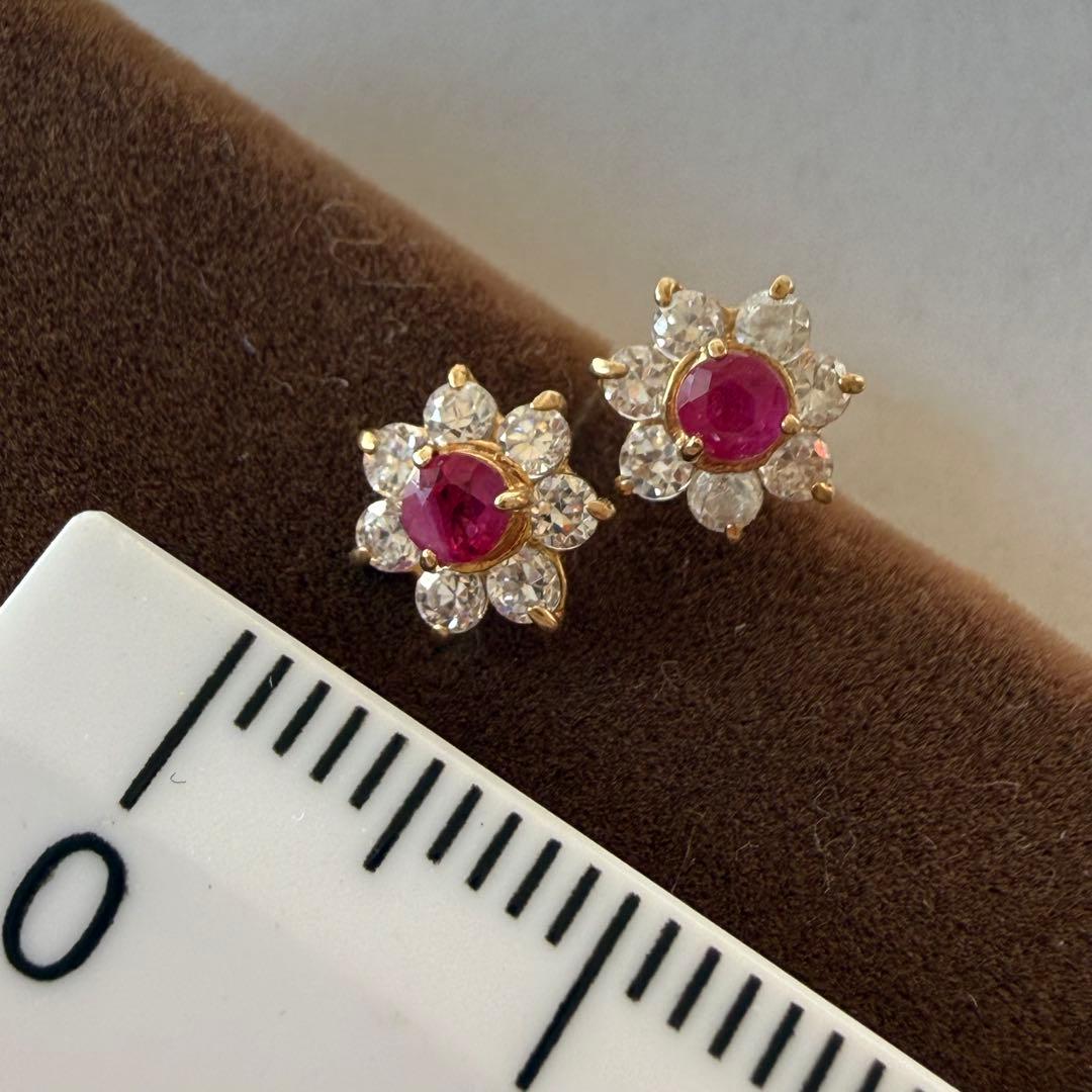 くーちゃん　K10 ルビー　キュービックジルコニア　フラワー　ピアス