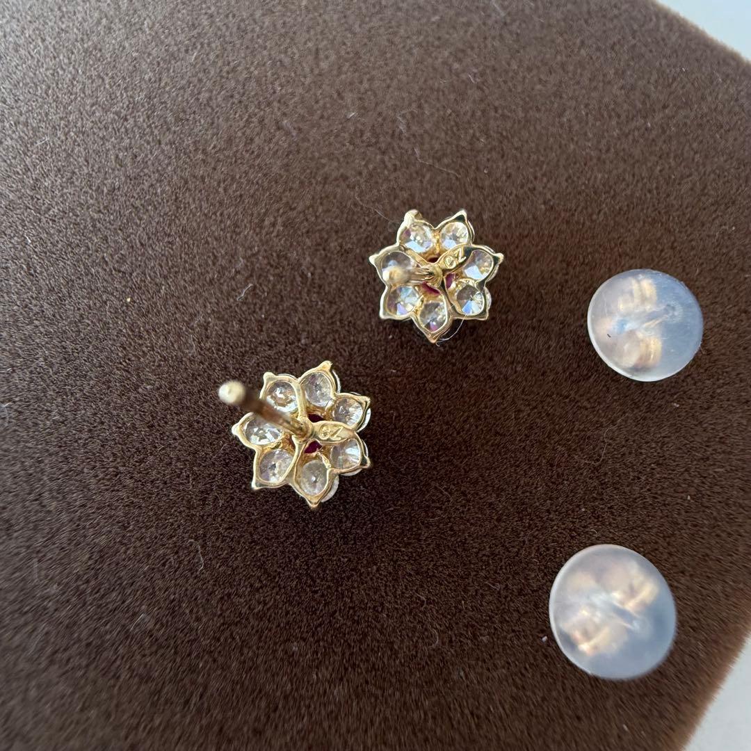 くーちゃん　K10 ルビー　キュービックジルコニア　フラワー　ピアス