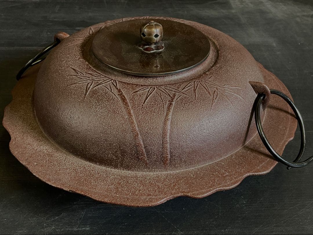 『母』 竹地紋 透木釜 釜師 高橋 敬典 共箱 釜鐶 炉釜 茶道具(212あ③)