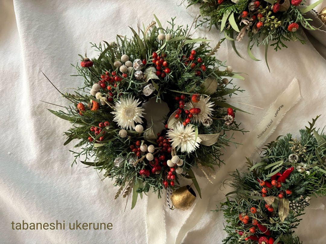 シンカルファとローズヒップや野バラを紡いだ　リネンタッセル付き　クリスマスリース