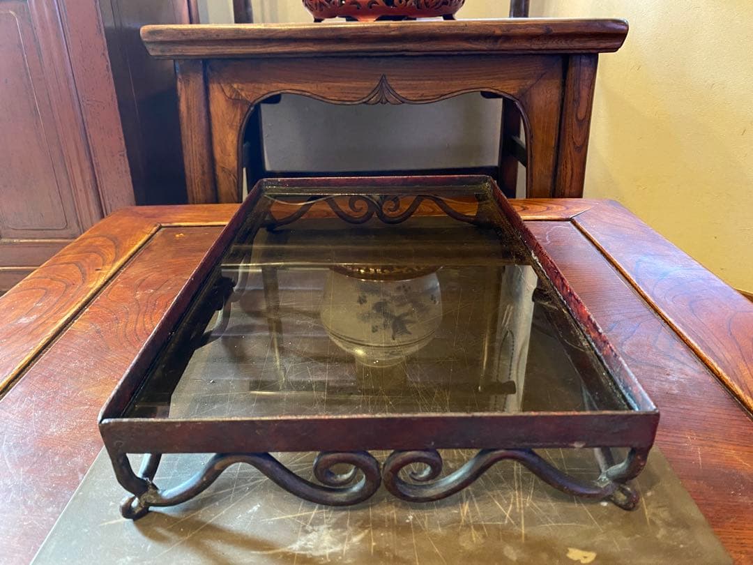 アンティーク装飾アイアン製　ガラス台 ヴィンテージ　レア 鉢受け　観葉植物