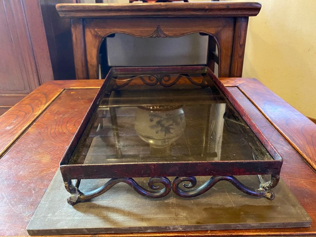 アンティーク装飾アイアン製　ガラス台 ヴィンテージ　レア 鉢受け　観葉植物