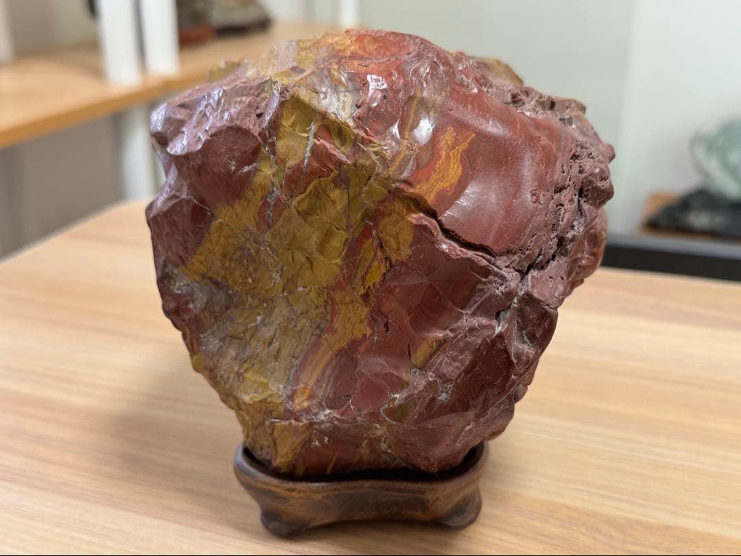 赤石 赤玉石 小矢部川 水石 鑑賞石 観賞石 ジャスパー 天然石 木製台座付き