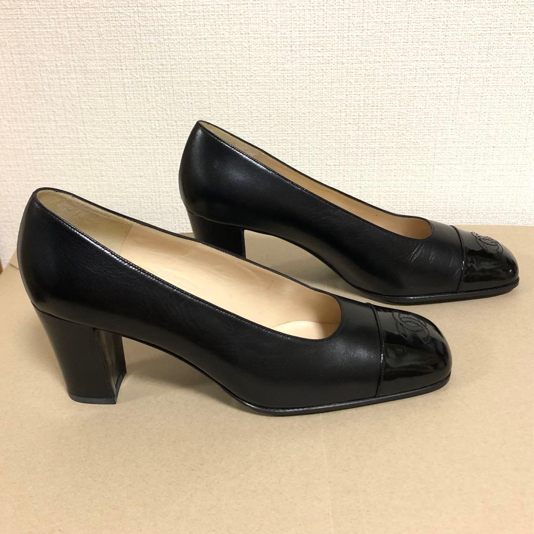 シャネル　CHANEL パンプス　ヒール　ロゴ　ココマーク　エナメル　ブラック