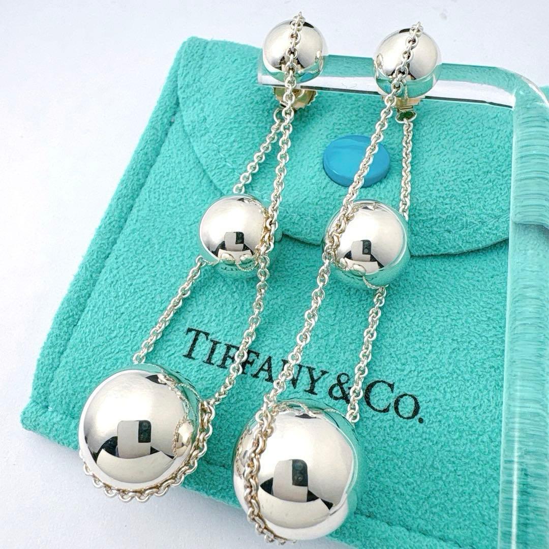 美品 ティファニー ハードウェア ボール スタッド チェーン ピアス シルバー