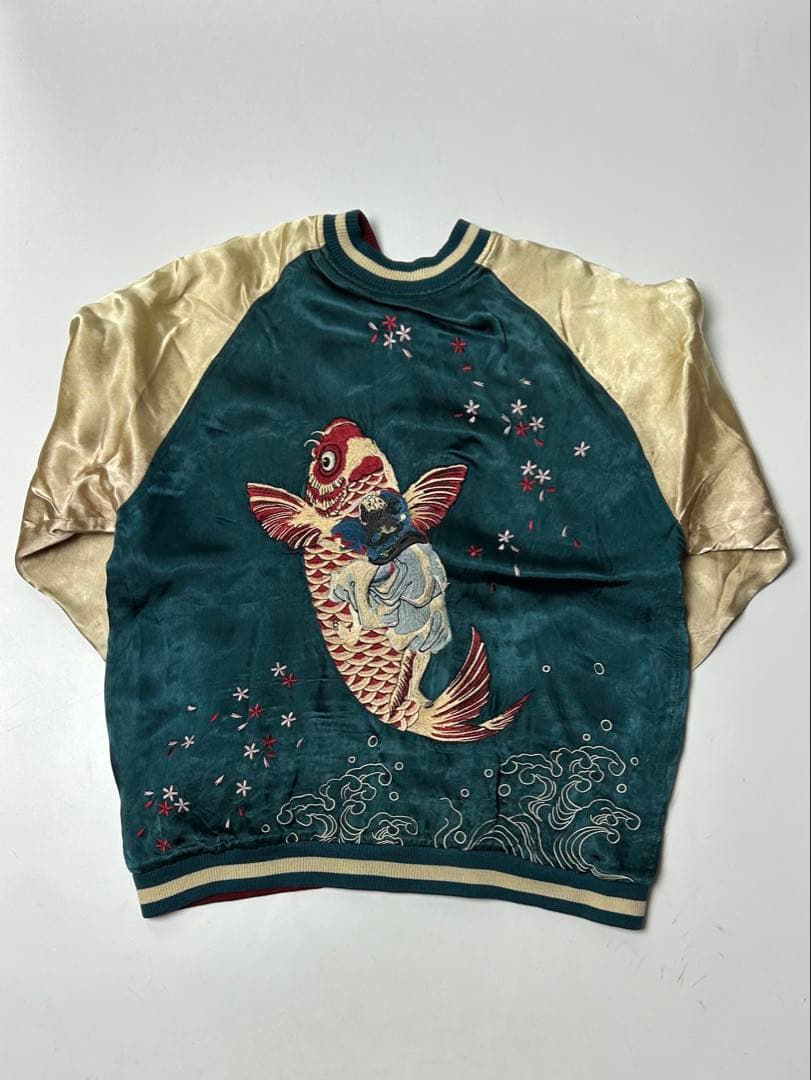 百花繚乱　スカジャン グリーン/レッド　鯉　刺繍　リバーシブル　XL