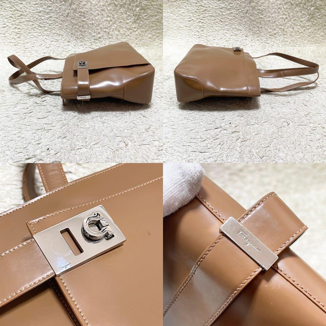 【大容量】フェラガモ　トートバッグ　レザー　茶　シルバー金具　ガンチーニ