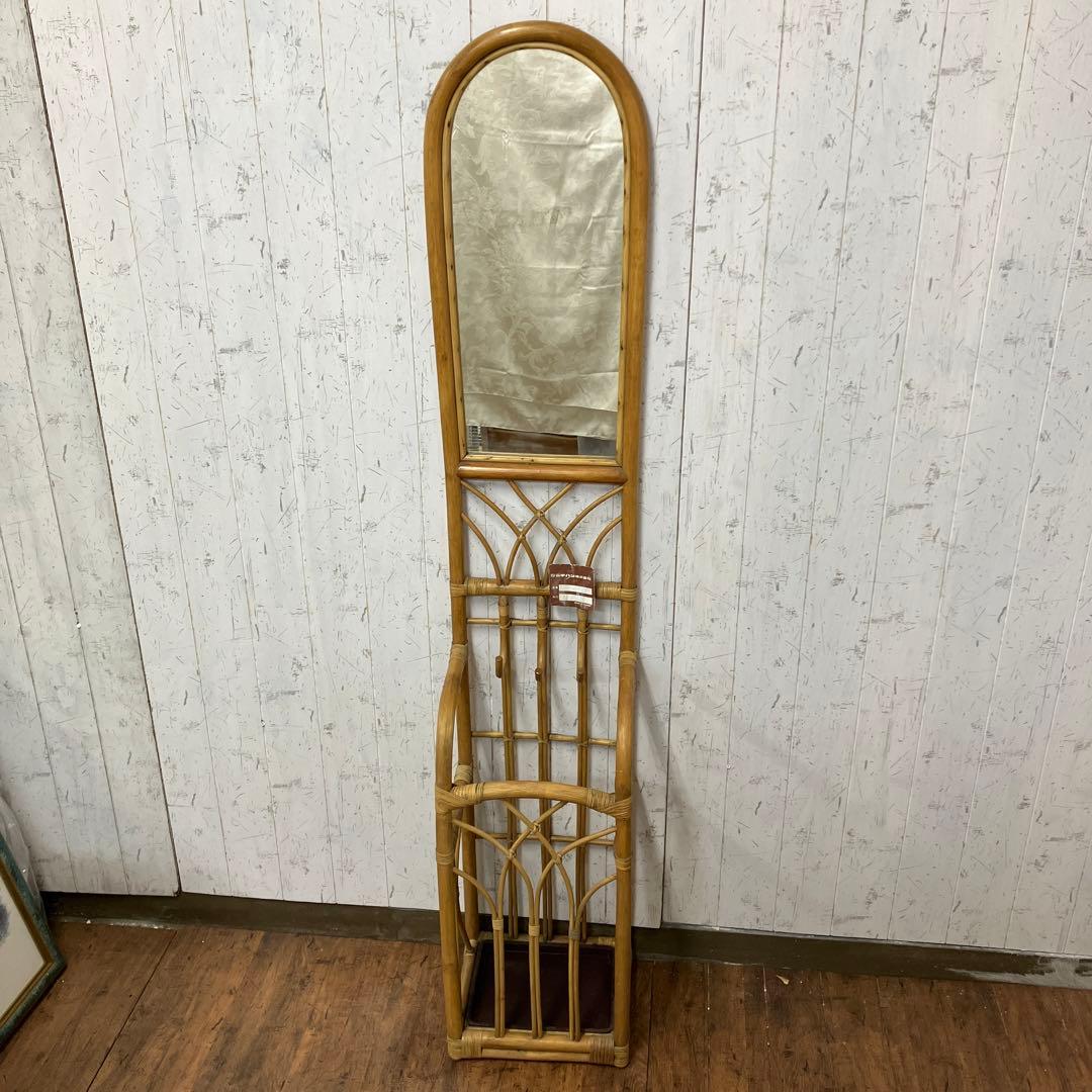 A-1 昭和レトロ ラタンスタンドミラー 姿見 傘立て 物掛け 古家具