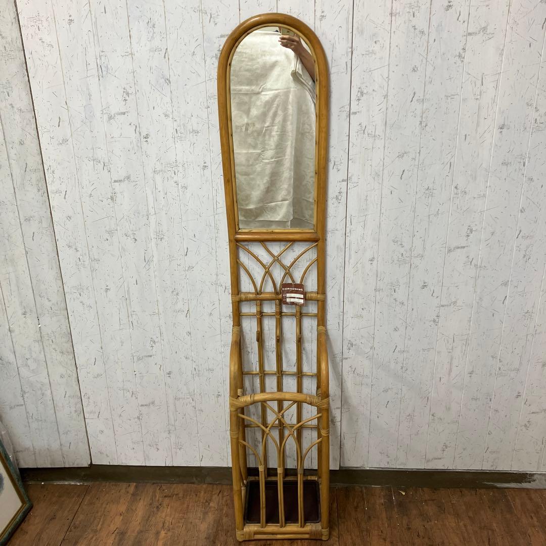 A-1 昭和レトロ ラタンスタンドミラー 姿見 傘立て 物掛け 古家具