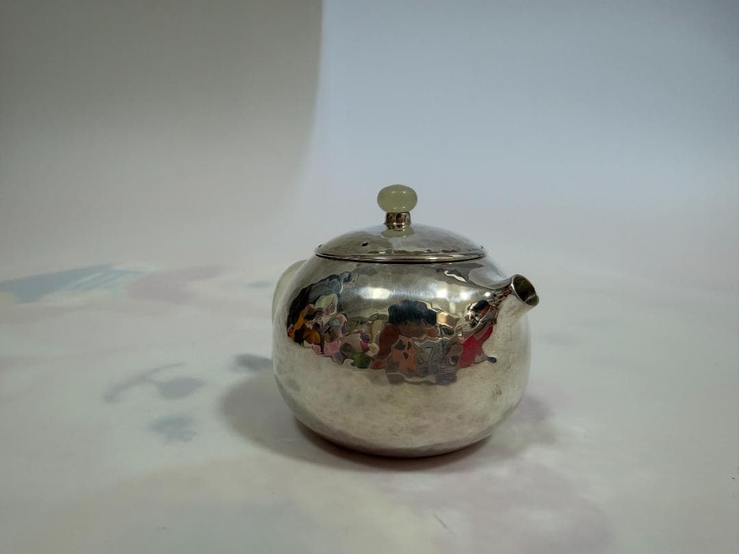 純銀製 丸形 鎚目 玉石摘 急須 銀瓶 煎茶道具