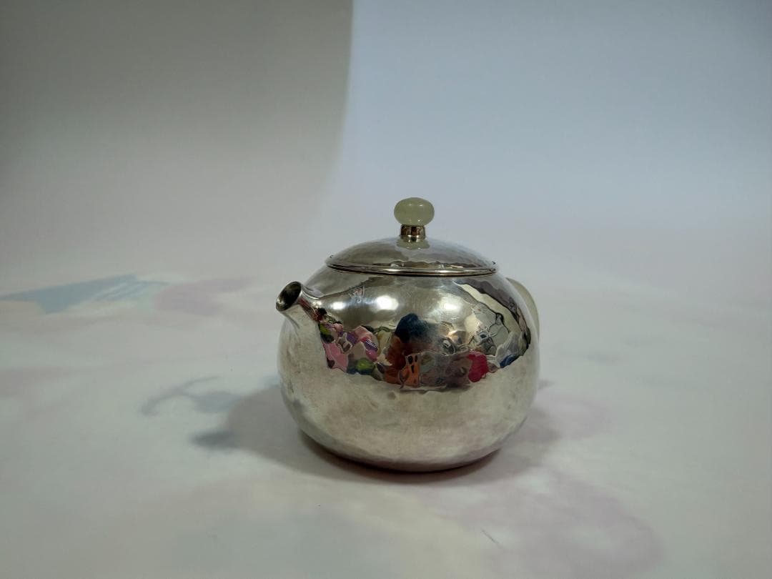 純銀製 丸形 鎚目 玉石摘 急須 銀瓶 煎茶道具