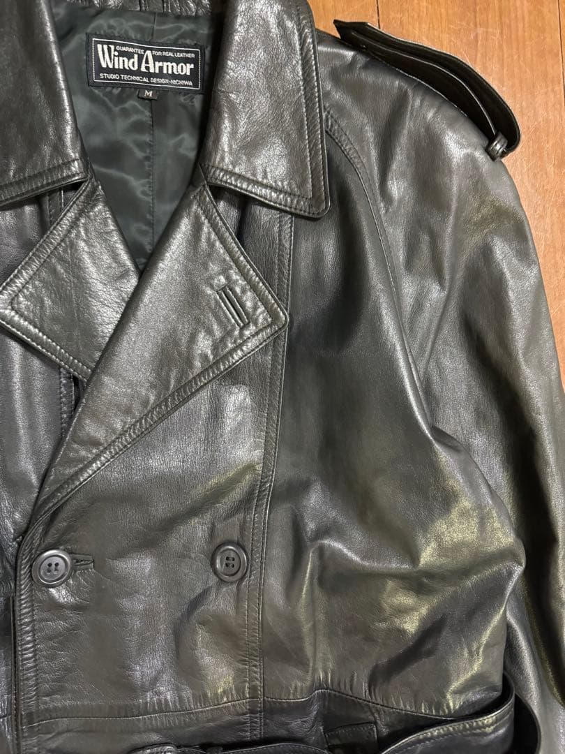 Wind Armor 本革 オールレザー ベルト付 トレンチコート ブラック M