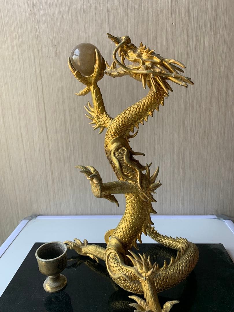龍 置物 風水　金色　 ルチル球 水杯　 開運 金運 厄祓い 　インテリア