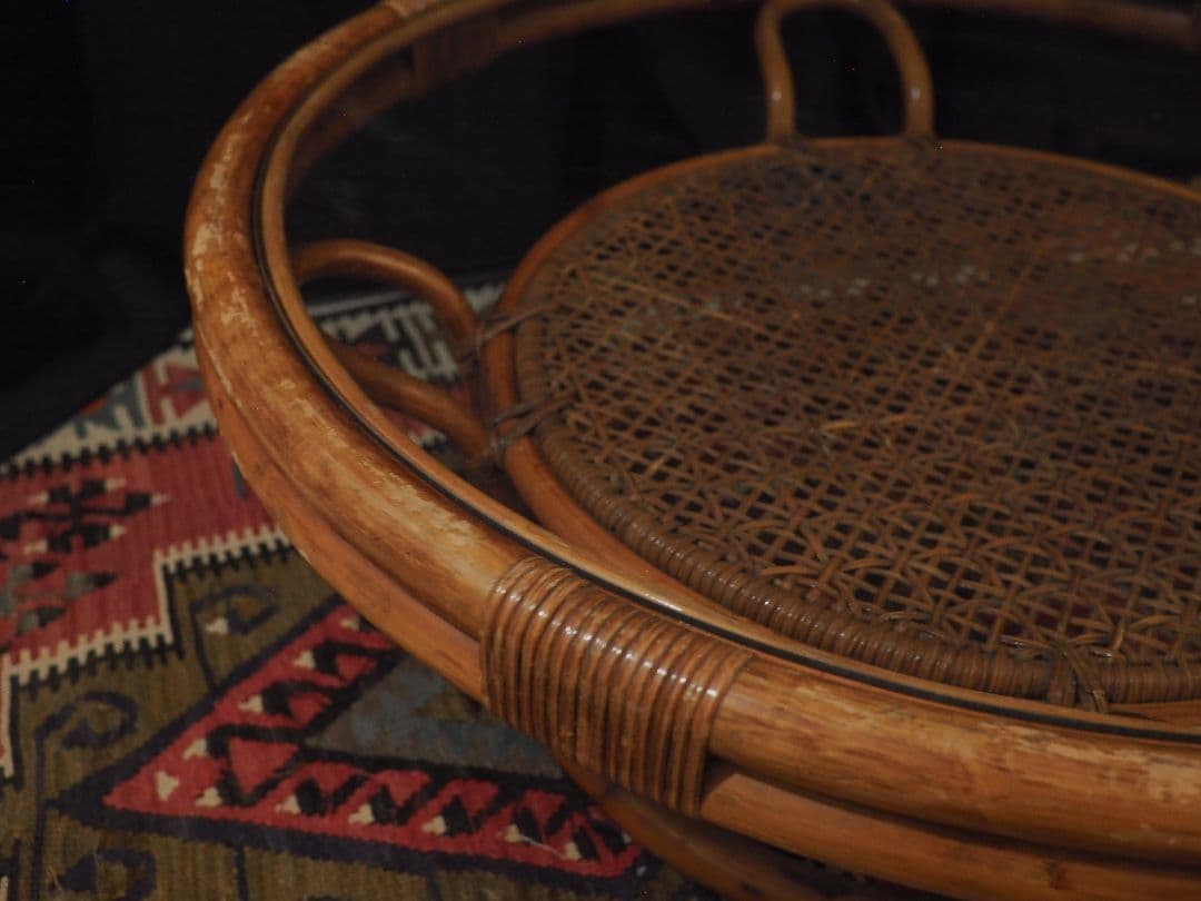 【値引中】ラタンガラストップラウンドテーブル