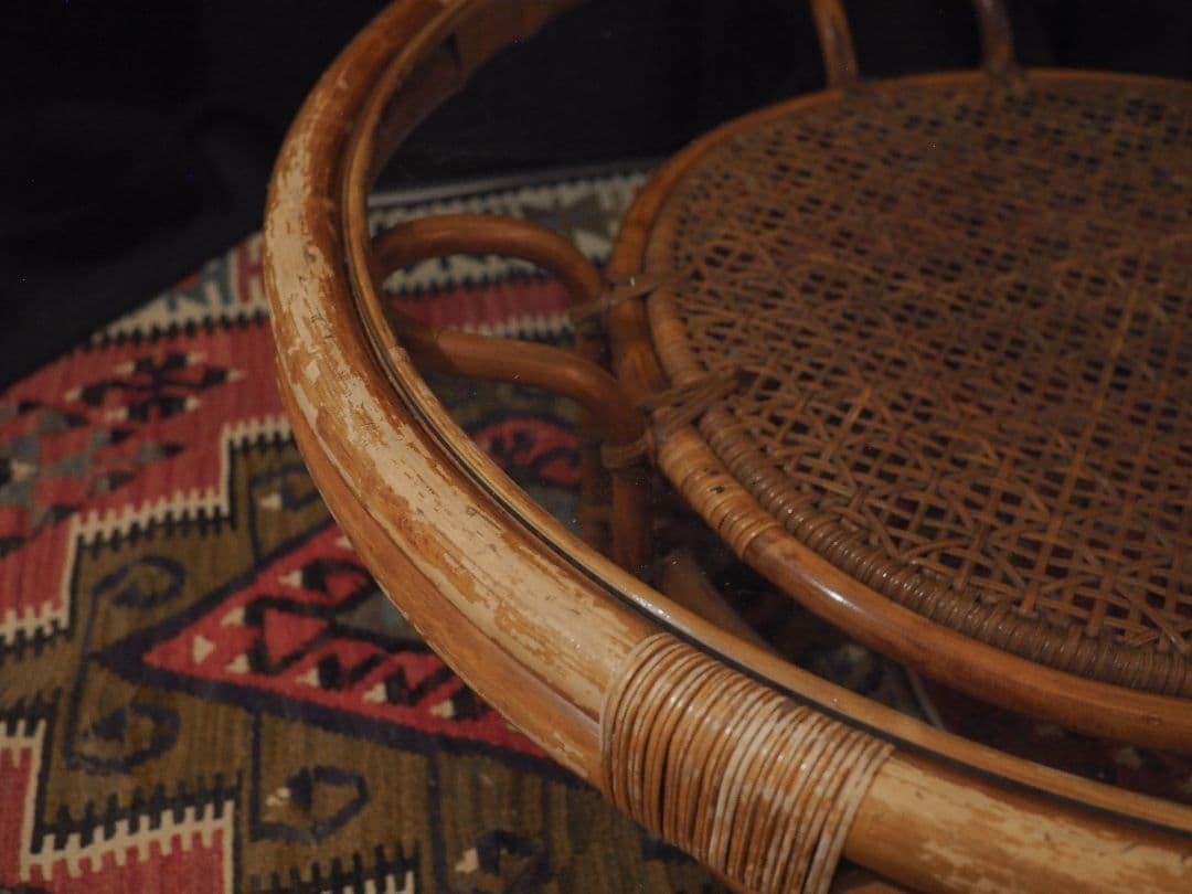 【値引中】ラタンガラストップラウンドテーブル