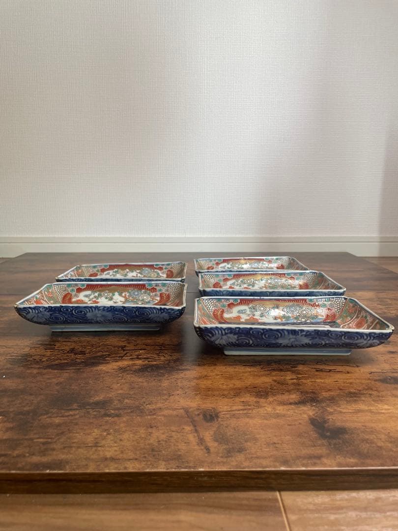 古伊万里　赤絵金彩長方皿五客　アンティーク/お皿/刺身皿/銘々皿