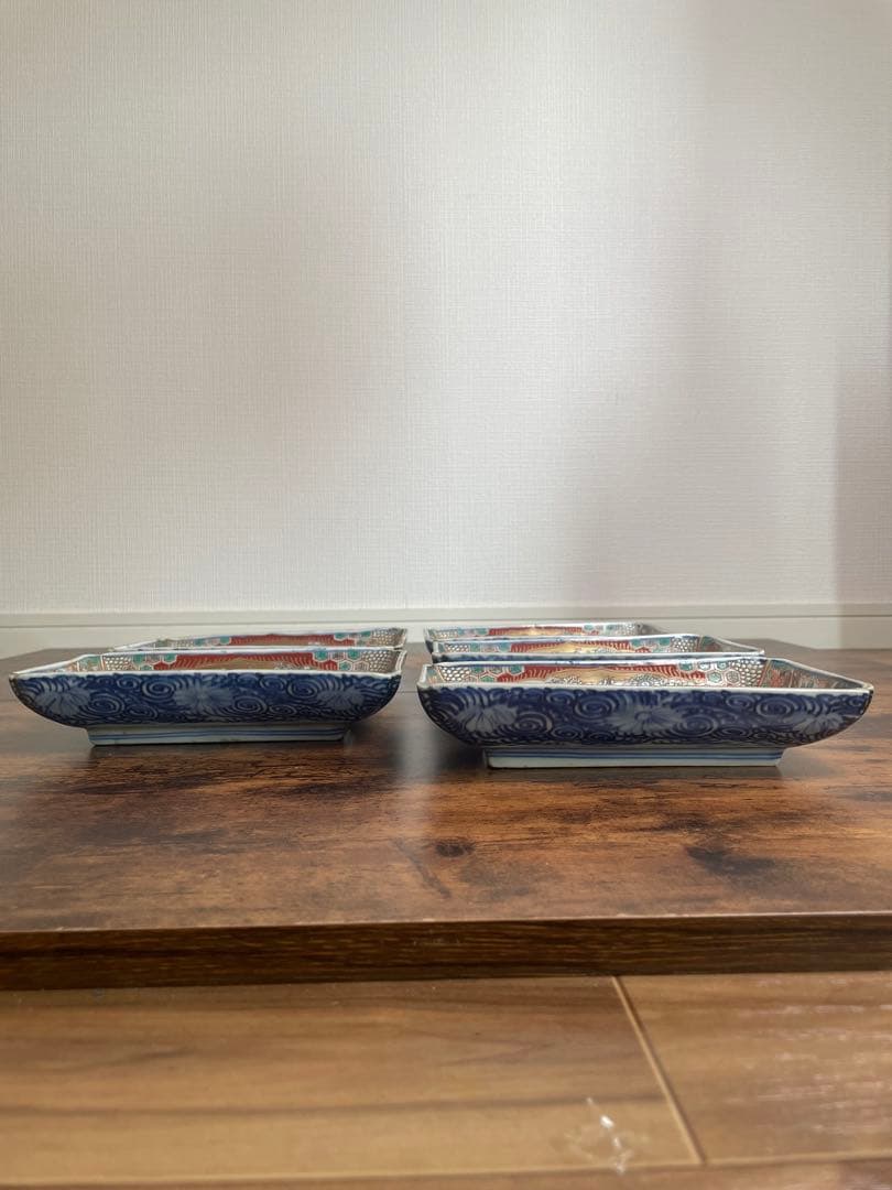 古伊万里　赤絵金彩長方皿五客　アンティーク/お皿/刺身皿/銘々皿