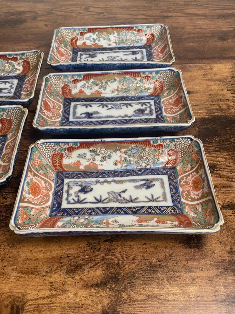 古伊万里　赤絵金彩長方皿五客　アンティーク/お皿/刺身皿/銘々皿