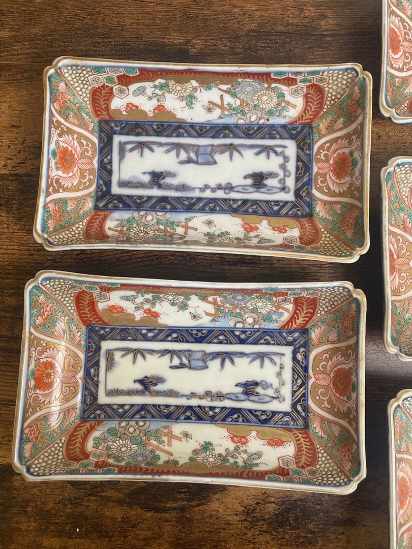 古伊万里　赤絵金彩長方皿五客　アンティーク/お皿/刺身皿/銘々皿
