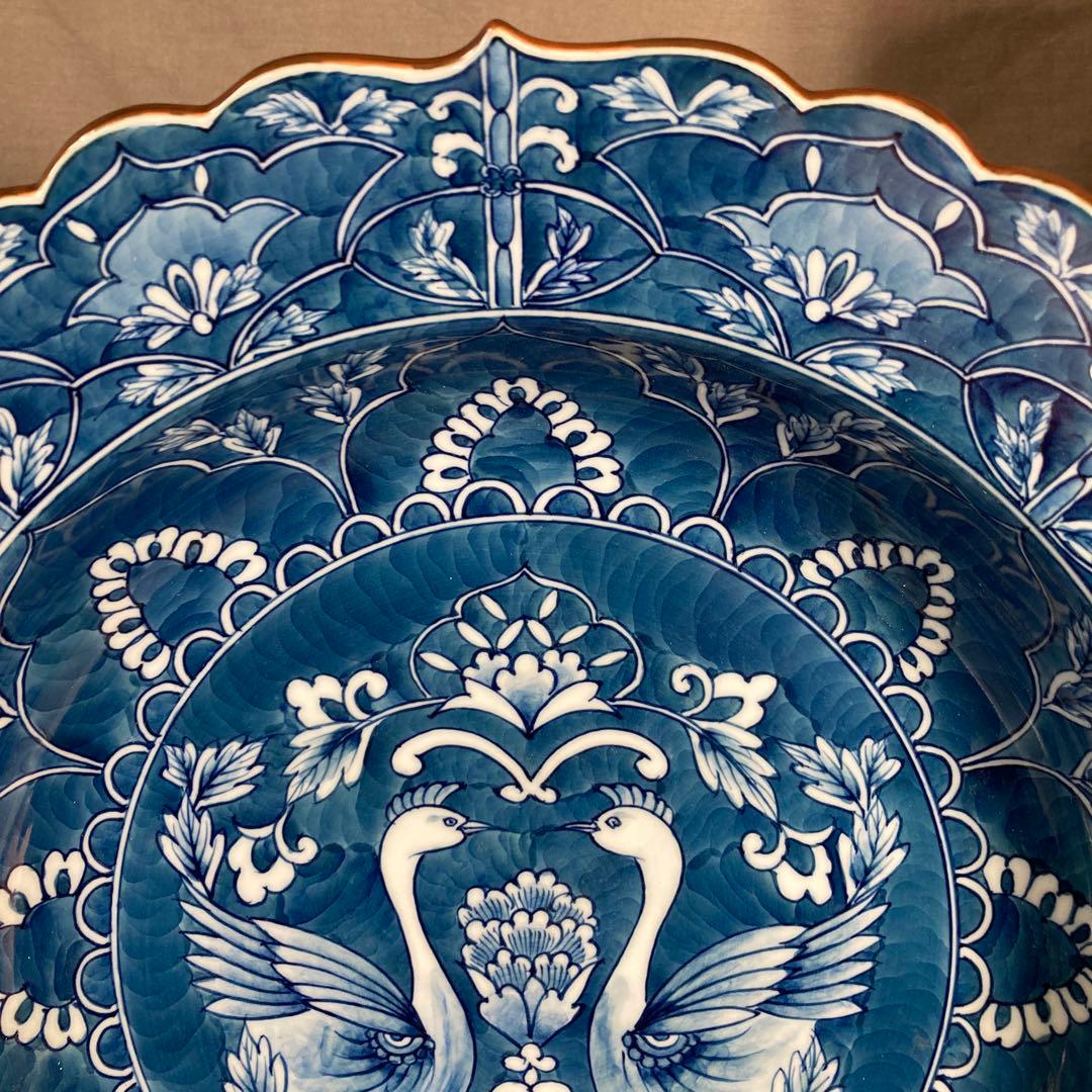 【源右衛門】古伊万里の伝統　日本名窯　舘林源右衛門作　染付濃双鳥文　特大花形深鉢