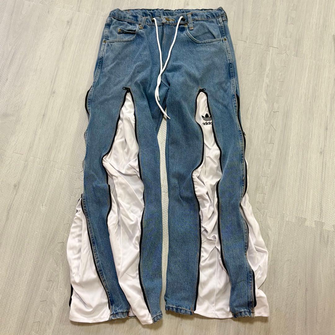 アディダス　adidas ワイド　デニムパンツ　フレア　リメイク　バギー　白