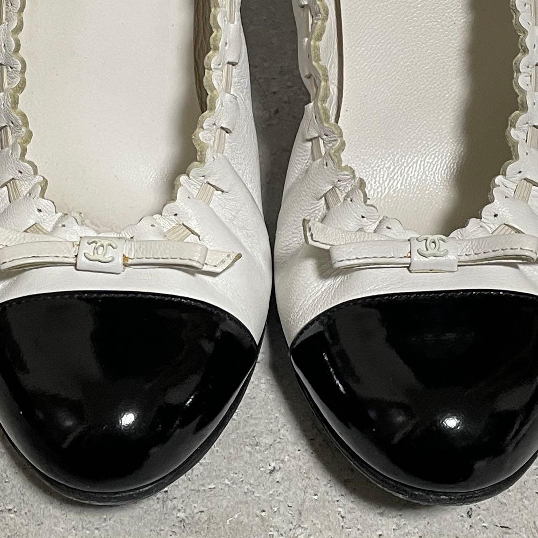 シャネル　CHANEL　ハイヒールパンプス　バイカラー　リボン　ココマーク　36