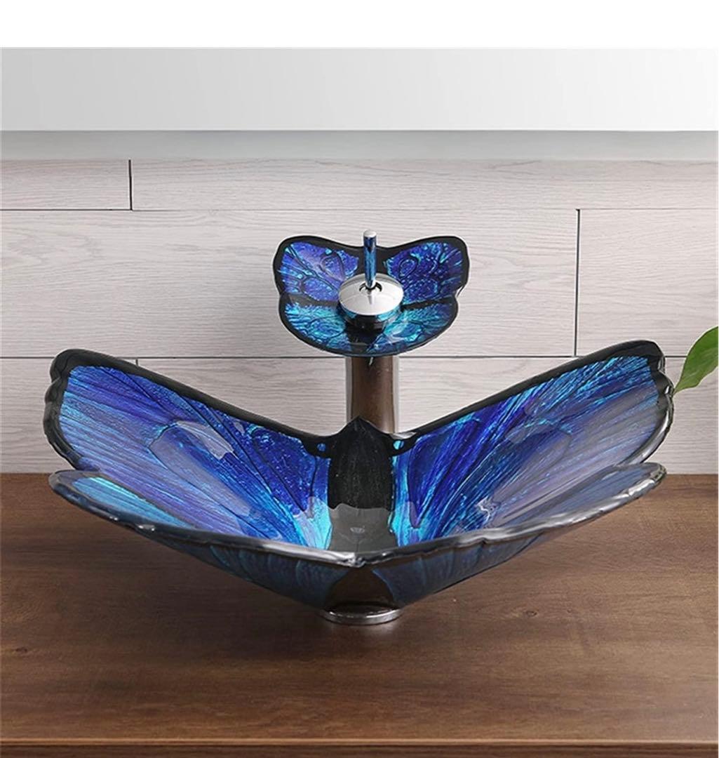 強化ガラス 洗面台蝶形シンク滝の蛇口付き バスルーム シンク バニティ シンク