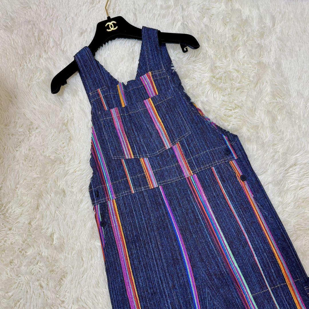 極美品 プリーツプリーズ オーバーオール デニム転写 ストライプ サロペット