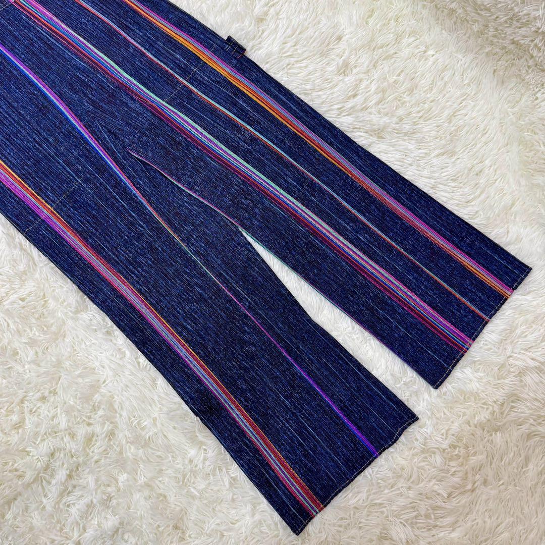 極美品 プリーツプリーズ オーバーオール デニム転写 ストライプ サロペット