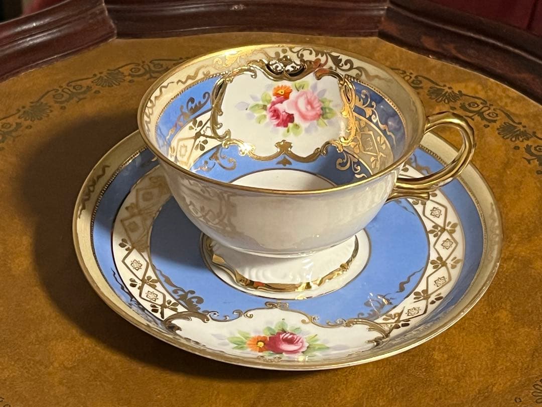 美品　オールドノリタケ　マルキ印　青と薔薇の装飾　金彩　ティーセット