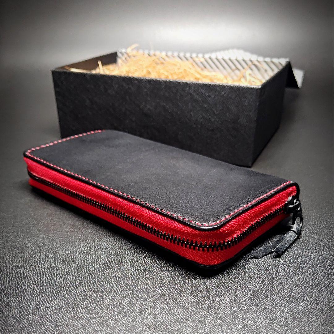 手縫い 長財布 ラウンドファスナーウォレット ブラック レッド 栃木レザー