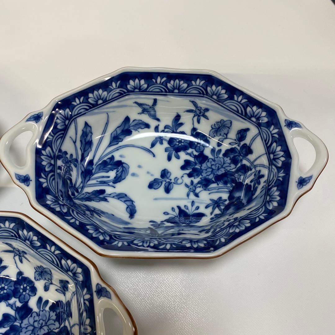 前畑陶器　染付け　グラタン皿　5枚　八角　花鳥　手付き　ボウル　皿　鉢　和柄