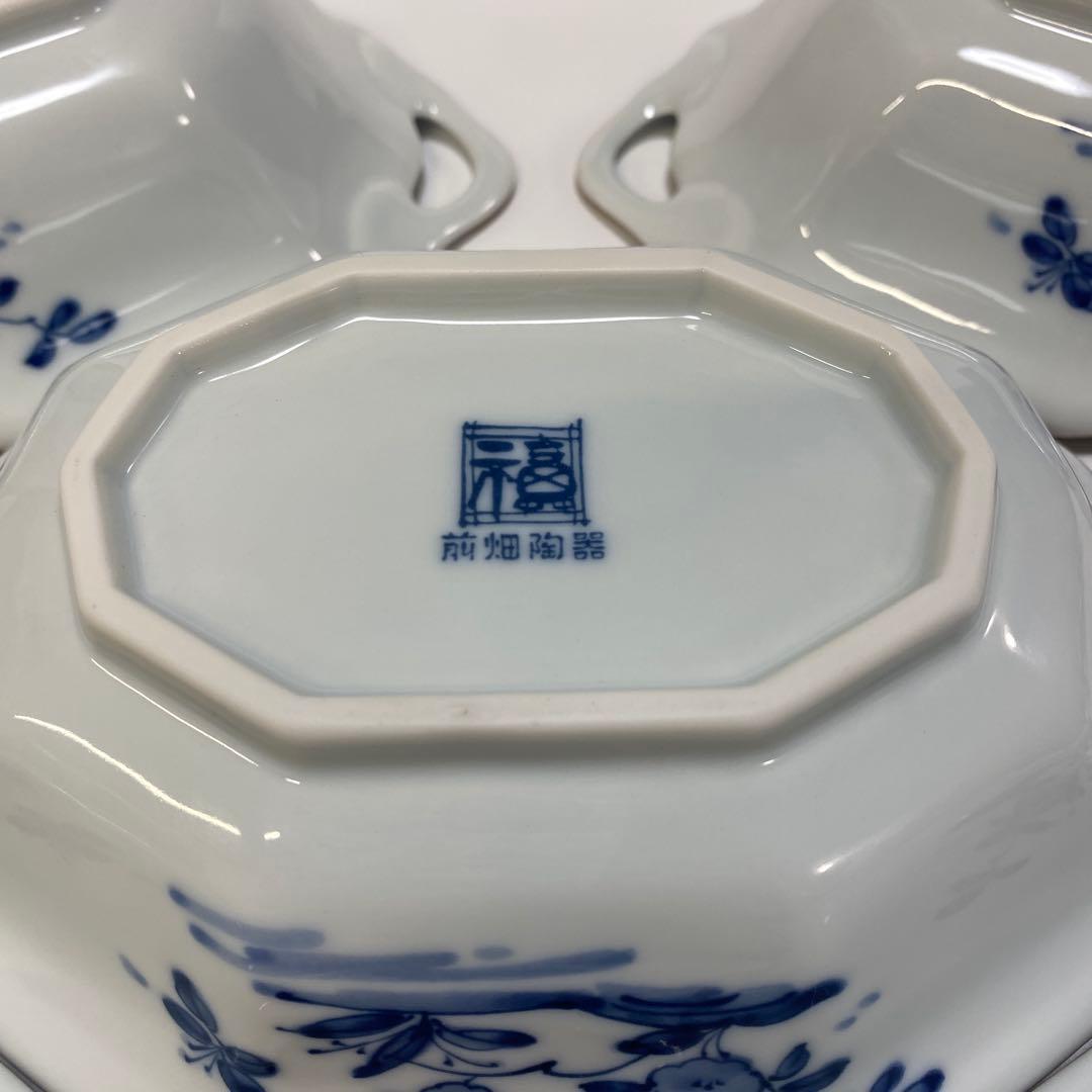 前畑陶器　染付け　グラタン皿　5枚　八角　花鳥　手付き　ボウル　皿　鉢　和柄