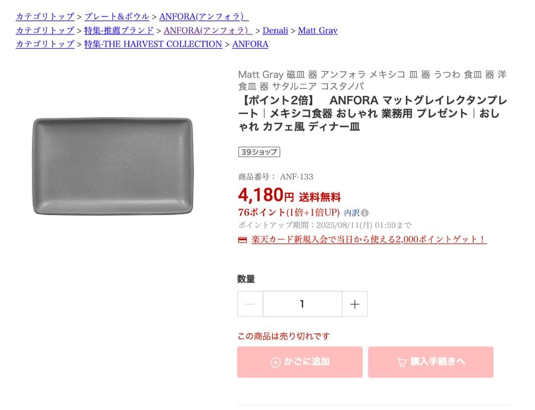 ANFORA マットグレイ レクタンプレート　６枚　アンフォラ　メキシコ 角皿
