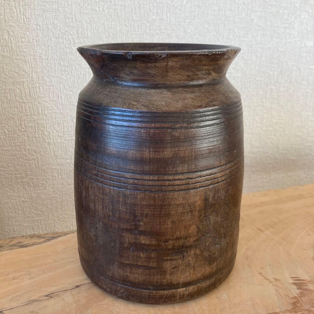 インド　木製のポットC　木工品　古道具坂田　古物　骨董　フラワーベース　花瓶