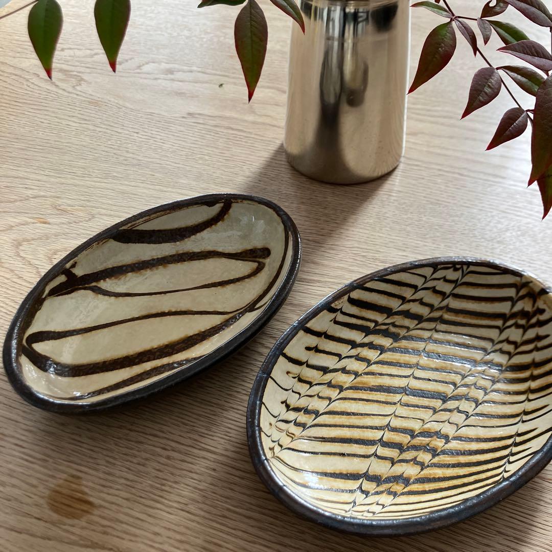 民藝　スリップウェア　楕円形　オーバル　皿2枚セット　手仕事