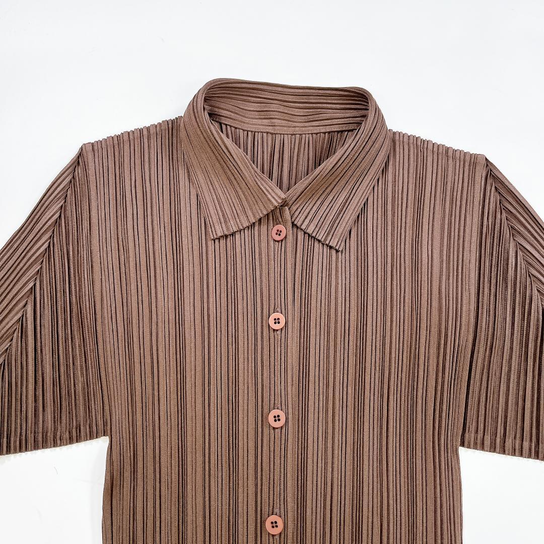 極美品 イッセイミヤケ プリーツプリーズ 半袖 ブラウス シャツ 3 L 茶