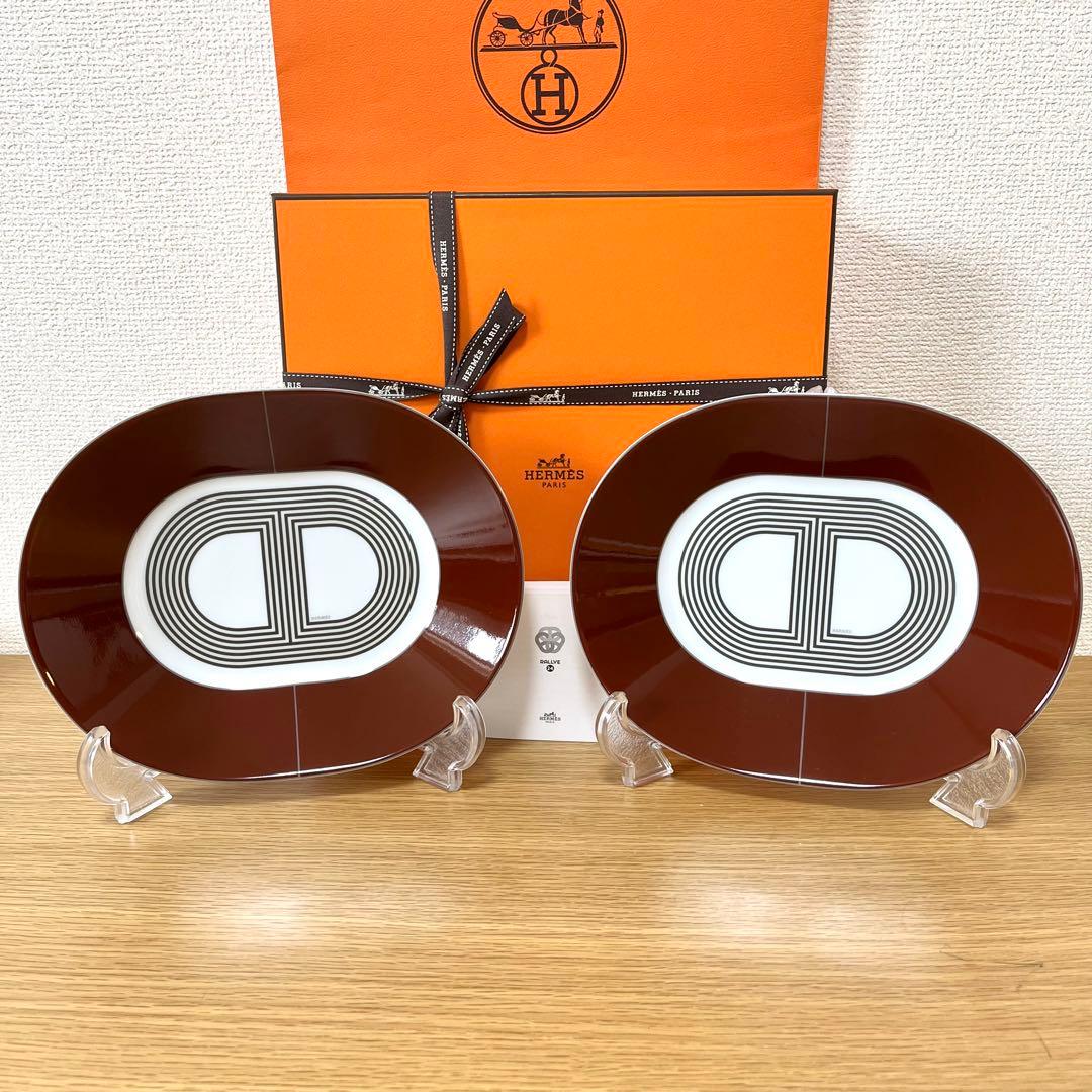 【レッド　2枚】エルメス ラリー 24 オーバルプレート 22cm