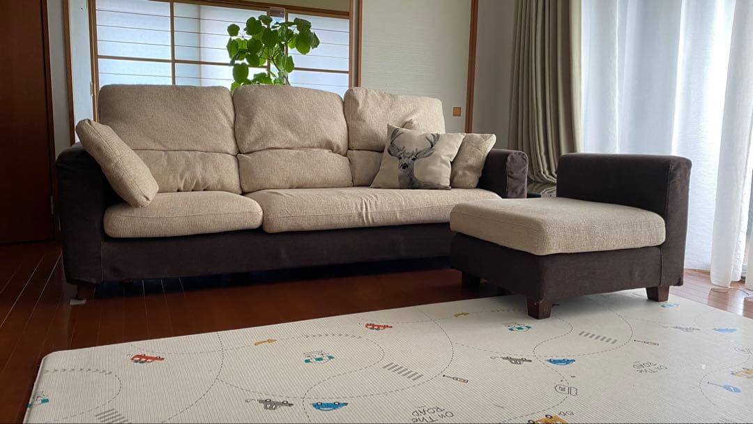 L字型ファブリックソファ ベージュとブラウン