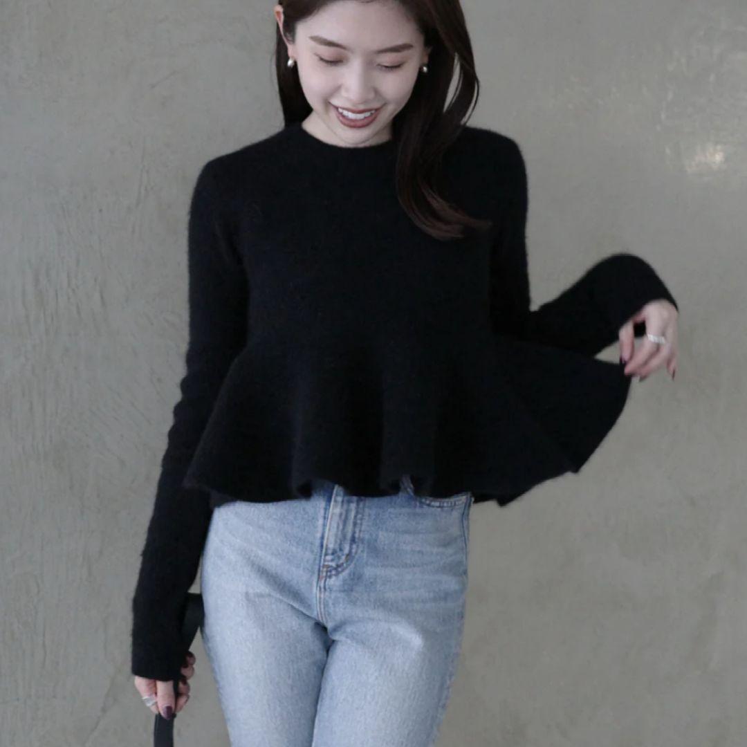 anuans ペプラムショートニットトップス 黒　1