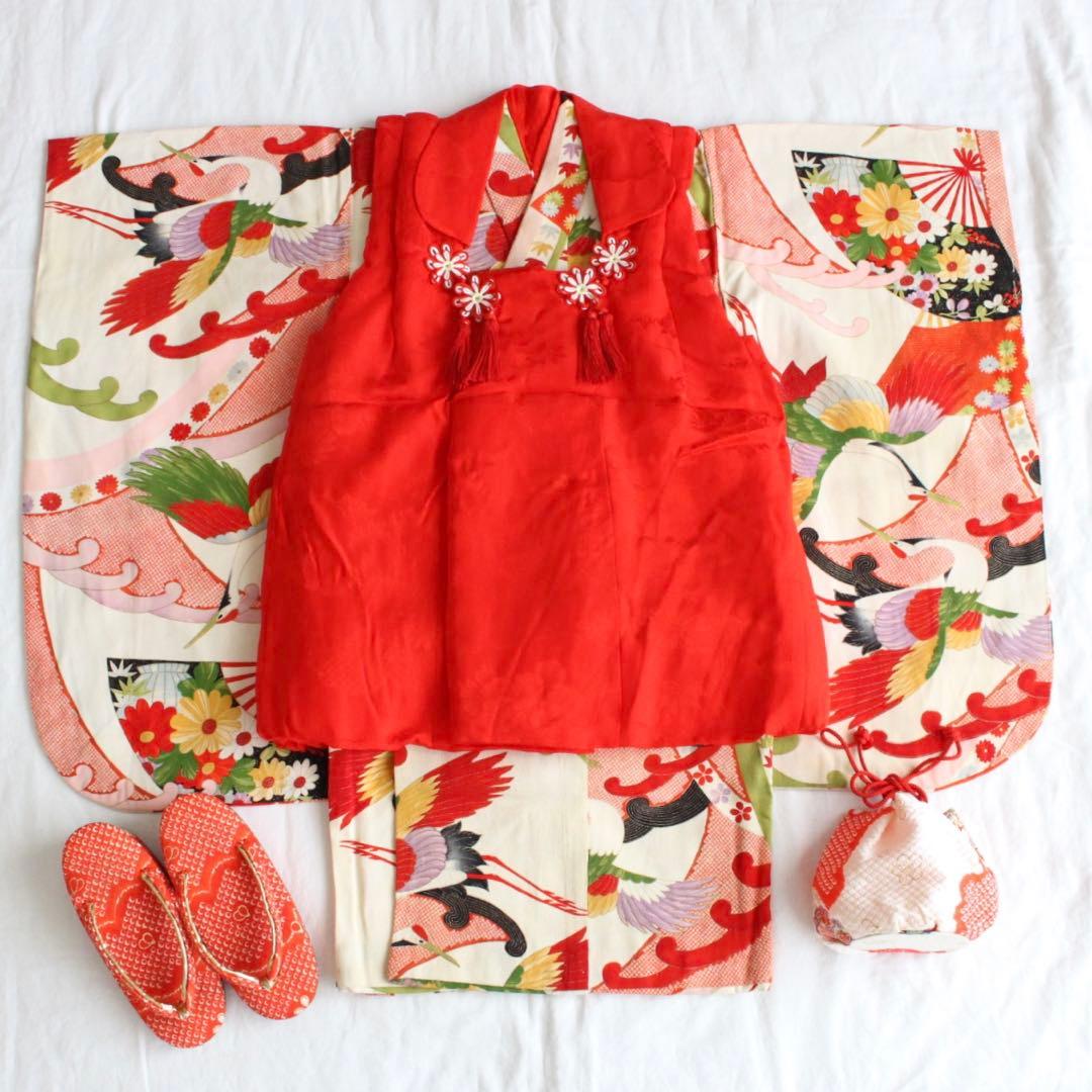 七五三 3歳 女の子 子供 アンティーク 鶴 着物 被布 セット