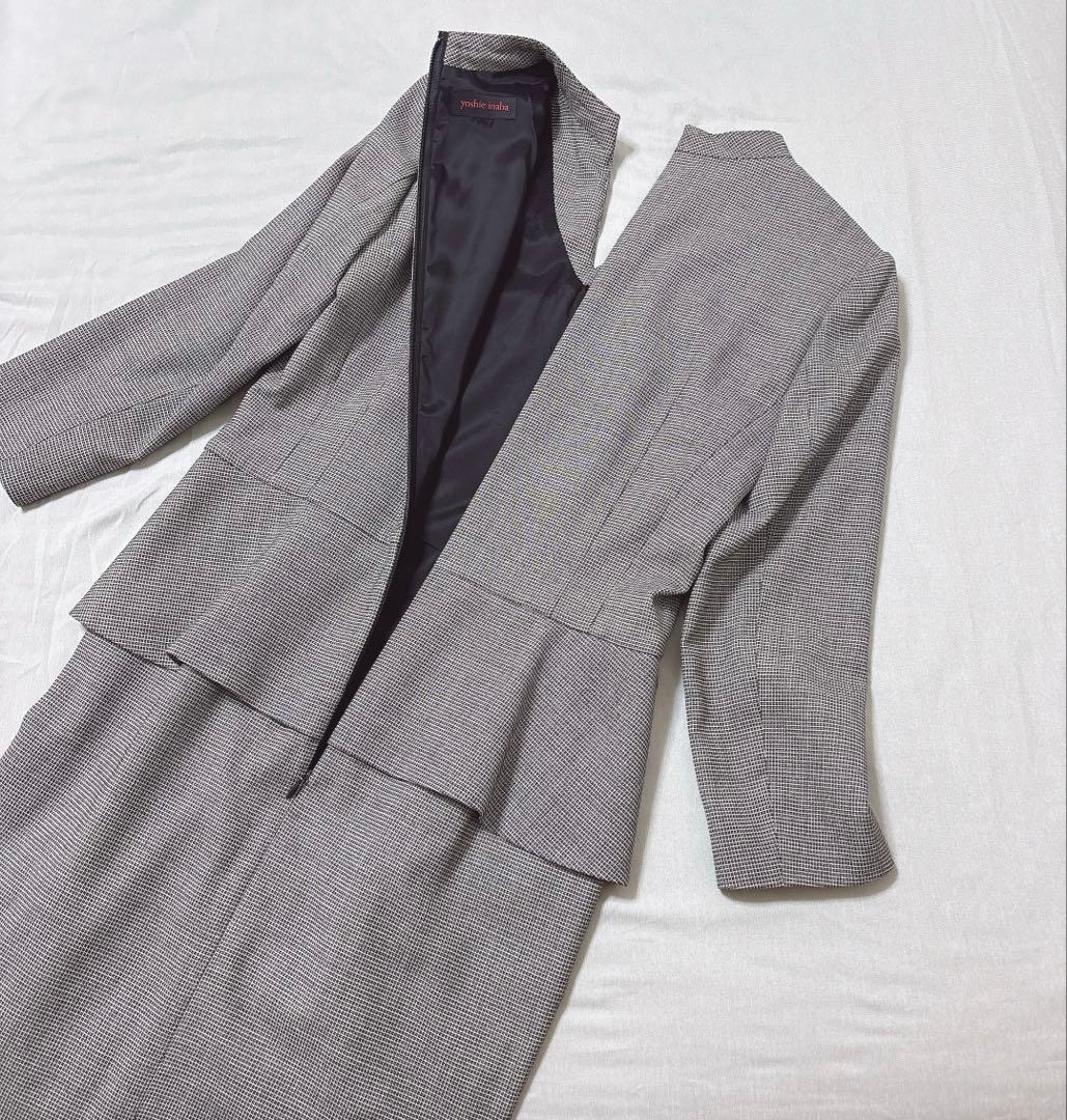 美品✨希少yoshie inaba カシミヤ混ペプラム スーツドレス ロング