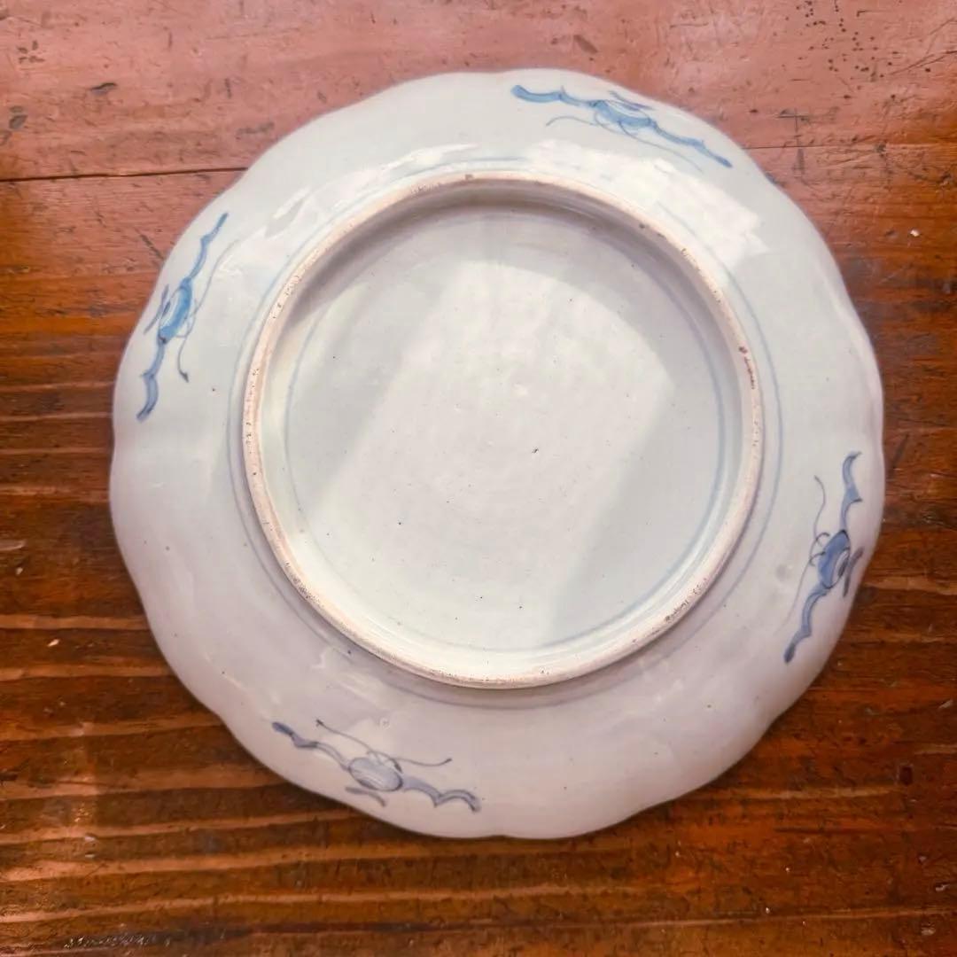 骨董皿 希少　カエル文 火焔文　金彩赤絵皿　輪花皿 かえる文　金カエル