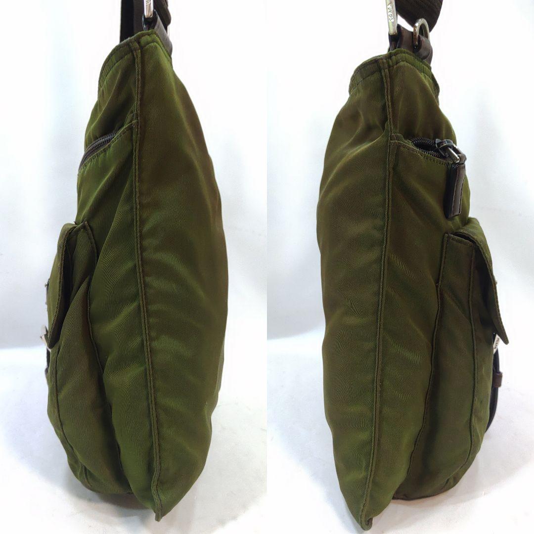 プラダ ショルダーバッグ レザー×ナイロン 三角ロゴ ベルト グリーン系