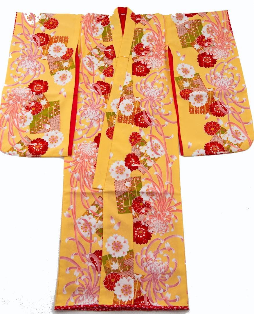 七五三　７歳～10歳　振袖　和モダン　山吹色/黄色　日本製 高級縮緬地