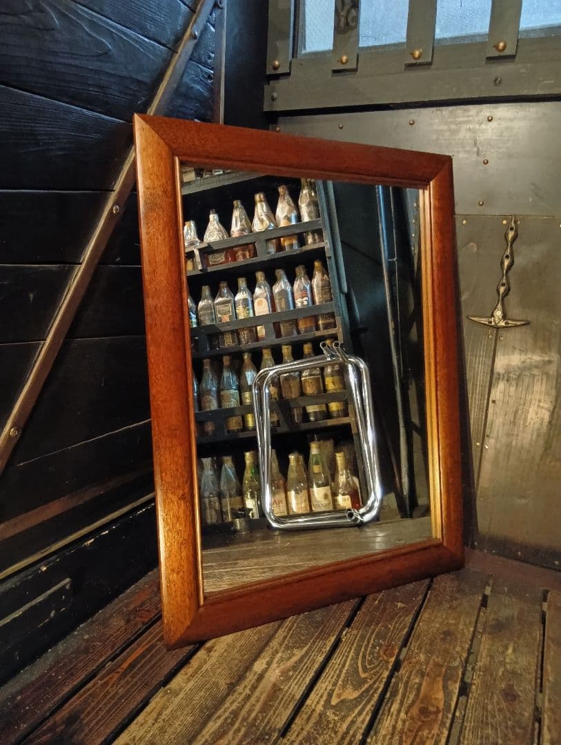 希少　1960's　デンマーク　チーク　無垢材　ラウンドフレーム　ミラー