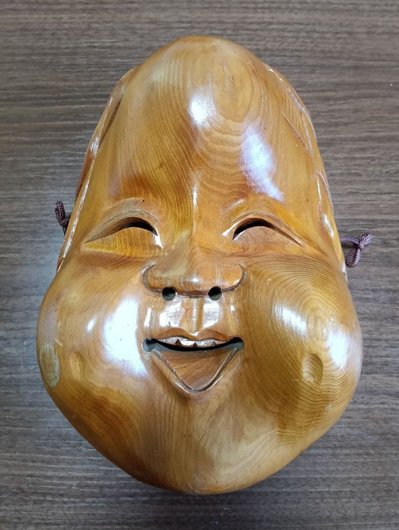 骨董　木製面　おかめ 　縁起物　手掘り　木彫り　壁掛け　お面