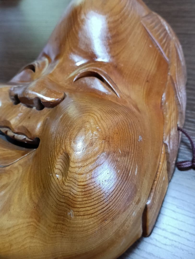 骨董　木製面　おかめ 　縁起物　手掘り　木彫り　壁掛け　お面